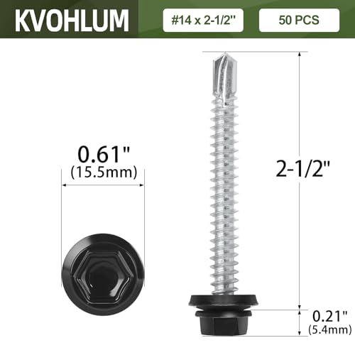 #14 x 2-1/2" (50 PCS) Black Metal Roofing Screws with Rubber Washer, Hex Head Self Tapping Screws for Metal, Self Drilling Sheet Metal Screw - size: #14 x 2-1/2"