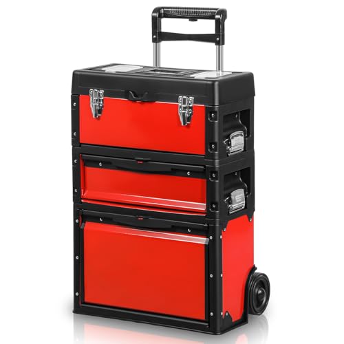 Auto Dynasty 3-Tier Rolling Trolley Tool Box Stackable w/Wheels, 19.5"Red - color: Red