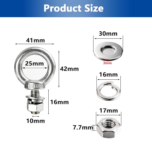 10 Pack M10 x 16mm Threaded Eyebolts with Nuts Washers,Stainless Steel Marine Grade Shoulder Eye Bolt,Eyebolts for DIY, Furniture,Swing, and Outdoor Use (M10 x 16mm) - size: M10 x 16mm
