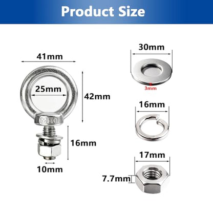 10 Pack M10 x 16mm Threaded Eyebolts with Nuts Washers,Stainless Steel Marine Grade Shoulder Eye Bolt,Eyebolts for DIY, Furniture,Swing, and Outdoor Use (M10 x 16mm) - size: M10 x 16mm