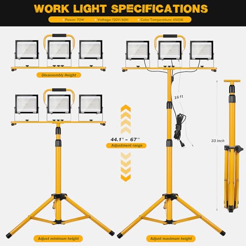 21000Lumen LED Work Lights with Stand, 3Head Portable Work Light 16ft Cord