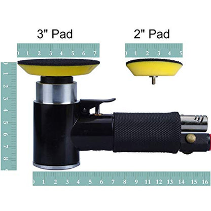 2" & 3" Dual Action Mini Air Sander, Random Orbital Pneumatic Polisher Kit with Pads & Accessories, High Speed Air Angle Sander for Auto Body, Wood, Metal, and Furniture Polishing - size: 2" and 3" pad