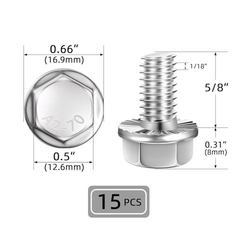 5/16-18 x 5/8" (15 PCS) Flanged Hex Head Bolts, Flange Washer Head Hex Screws Bolts, 18-8 Stainless Steel (304), Plain Finish, Full Thread - size: 5/16-18 x 5/8"