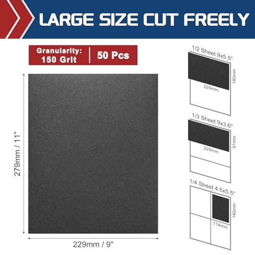 50Pcs Sand Paper 9x11Inch 150Grit Silicon Carbide Sandpaper Sheets - size: 150 Grits