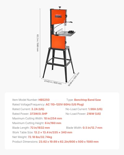 VEVOR Band Saw with Stand, 10-Inch, Two-Speed Benchtop Bandsaw, 373W 1/2 HP, 6 in Max Cutting Height, 13.2 x 13.4 in Cast Iron Table, with 360° Work Light, Miter Gauge, Fence, Band Saw for Woodworking