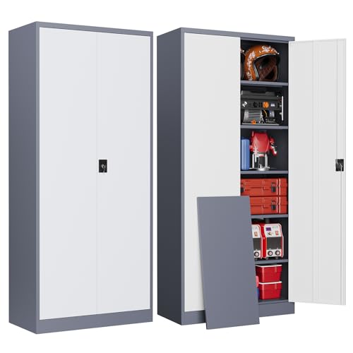 Metal Garage Storage Cabinets with Lock, 71" Tall Tool Cabinet with 2 Door and 5 Adjustable Shelves, Locking Garage Cabinets and Lockable Steel Locker for Home Office Warehouse-(Gray White-71”H) - color: Gray White, size: 71"H