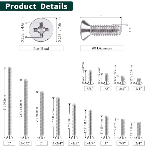 #8-32 x 1/2" Flat Countersunk Head Machine Screws, Phillips Drive, 304 Stainless Steel 18-8, Full Thread, Coarse Thread UNC, 50 PCS - size: #8-32 x 1/2"