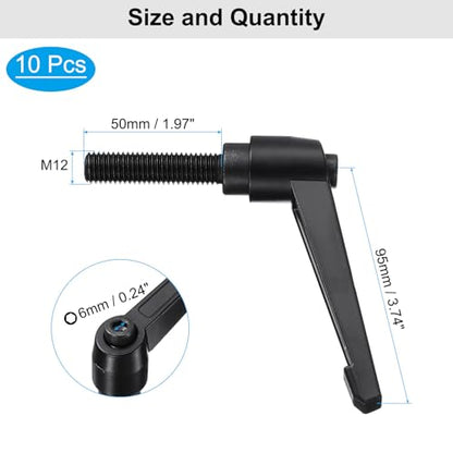 uxcell 10pcs Lever Adjustable Handles M12 x 50mm Metric Male Thread, Level Clamping Handle Hand Stud Knobs Rotating Screw Handles Bolts with Locking Lever, Black - size: M12 x 50mm