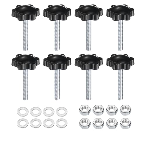 uxcell 8pcs Star Clamping Knobs with Nuts Washers, M6 x 40mm Metric Zinc Plated Carbon Steel Male Thread 32mm 6-Star Plastic Head, Threaded Stud Hand Knobs Handles Thumb Screws, Black - size: M6 x 40mm