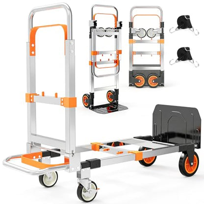 3 in 1 Aluminum Folding Hand Truck Dolly Cart Trolley with Wheels (Orange) - color: Orange Silver