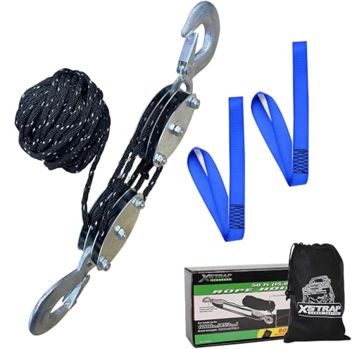 XSTRAP STANDARD Heavy-Duty 50 FT Reflective Rope Hoist Pulley System, Black - color: 50ft Black with Reflective Strips