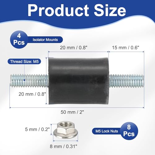 PATIKIL M5 20x20mm Rubber Isolator Mounts, 4 Pcs Rubber Studs Shock Absorber Anti-Vibration Isolation Damping Mounts with Lock Nuts for Motor, Air Compressor, Engines (50mm Height) - size: M5-20x20x50mm