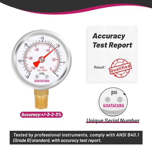 -30inHg/kpa-0 Glycerin Filled Vacuum Pressure Gauge, 2" Dial Size, 304 Stainless Steel Case, 1/4" NPT Lower Mount, with High Accuracy - size: -30inHg-0, style: Lower Mount