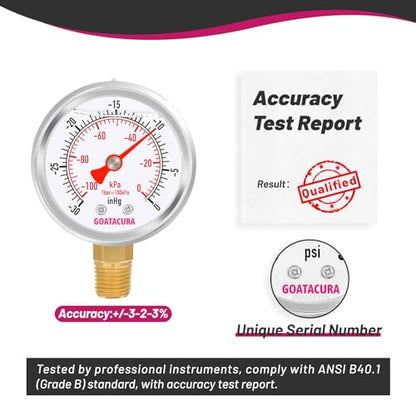-30inHg/kpa-0 Glycerin Filled Vacuum Pressure Gauge, 2" Dial Size, 304 Stainless Steel Case, 1/4" NPT Lower Mount, with High Accuracy - size: -30inHg-0, style: Lower Mount