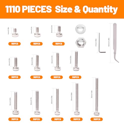 1110-Piece M3 Stainless Steel Socket Head Screw & Nut Kit – Hex Drive Cap Screws (4-30mm) with Allen Wrench & Curved Tweezer – Metric Machine Screw Assortment Set - size: 1110 pieces M3