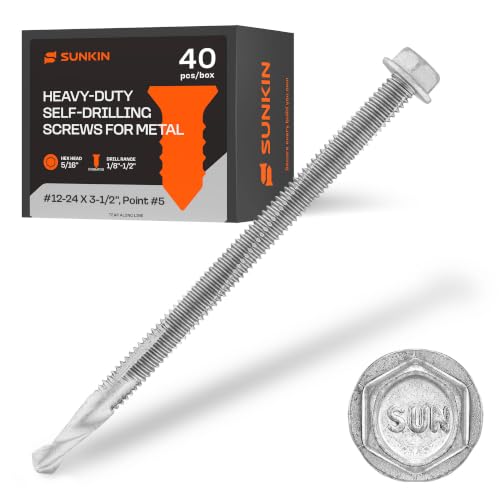 SUNKIN 40PCs Self Tapping Screws for Metal, Hex Head #12 x 3-1/2 Inch, Self Drilling for Thick Steel, Less Effort Installation, Long Lasting Anti Rust Coating - size: #12x3-1/2 inch(40pcs)