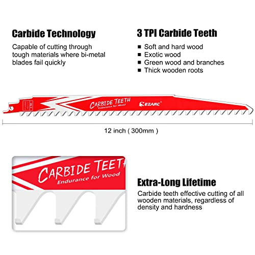 EZARC Carbide Reciprocating Saw Blades, 12-Inch 3TPI for Hard Wood, 3-Pack - size: 12 Inch, style: 3 TPI