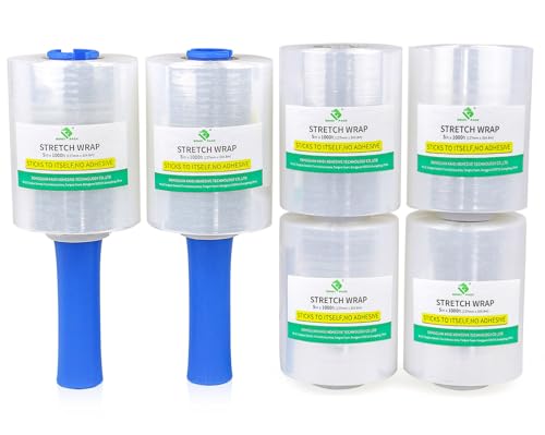 BOMEI PACK 6 Pack Industrial Mini Clear Stretch Wrap with 2 Handles 5" 1000ft 80 Gauge for Pallet Film, Durable Self-Adhering Plastic Wrap for Packing,Shipping, Moving, Heavy Duty (Clear) - color: Clear