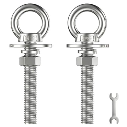 2 Pack M12 Stainless Steel Eye Bolts with Nuts and Washers, 1/2" x 3" Long Lifting Ring Eye Bolt, Heavy Duty Marine Grade 304 Eyebolts for Outdoor String Light Hanging, Tie Down Anchors - size: M12x77mm (1/2"x3")