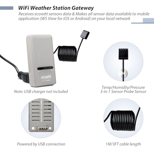 ECOWITT Wi-Fi Gateway Weather Station, with Built-in Temperature, Humidity, and Barometric Sensors, IOT Ready, Supports Ecowitt Sensors Developed, USB Power, 915 MHz - style: GW1200BU