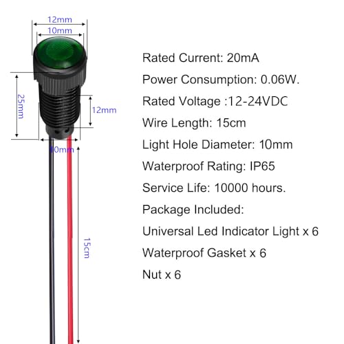 Gebildet 6pcs Green LED Indicator Pilot Light AC/DC 12-24V Mounting Hole Size 10mm(Flame Retardant Plastic Shell) - color: Green 12-24V/Black shell
