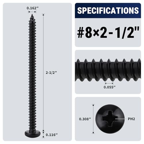 #8 x 2-1/2" (50 Pack) Stainless Steel Pan Head Self Tapping Screws, 304 SS (18-8) Black Coated, Phillips Drive Round Head Corrosion Resistant Screws for Wood & Sheet Metal - size: #8 x 2-1/2"