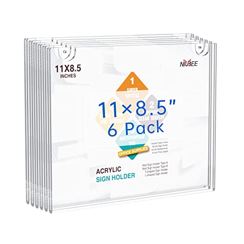 NIUBEE 6-Packs Acrylic Wall Sign Holder 8.5x11 Horizontal, Clear Plastic Picture Frames , Wall Mounted Design, Support No Drilling (Provide 3M Tape and Mounting Screws)
