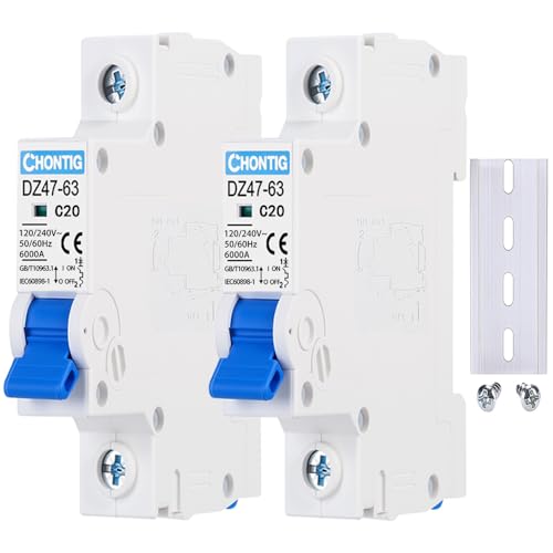 MCB C20 20A Miniature 1 Pole Circuit Breaker 2 Pack with DIN Rail Mount, 120V/240V AC Protection for Solar Panels, RV Power Center, Home Electrical Systems