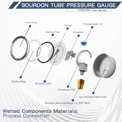 0-60 Psi Low Pressure Gauge, 2.5" Dial Size, 1/4" NPT Lower Mount, 304 Stainless Steel Case, Water Pressure Gauge Test for Water Pump, Pneumatic Air, RV Hose(with Tape) - size: 0-60 psi, style: Lower Mount