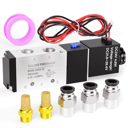 TAILONZ 1/4"NPT DC24V Solenoid Valve 2Position 5Way Outlet wire 4V210-08 - color: DC24V, size: 2 Position 5 Way-1/4"NPT