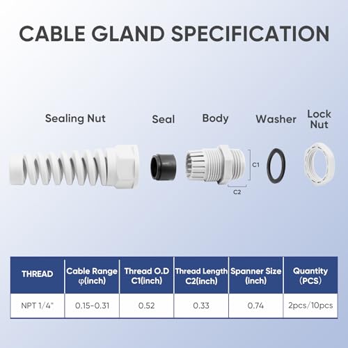 Strain Relief Cord Connector,LISTENJIALE 2Pcs NPT 1/4" Waterproof Cable Gland Flex Spiral Strain Relief Adjustable 4-8mm Cable Connector Nylon Joint with Gaskets(Grey) - color: Grey, size: NPT 1/4" (2-Pack)