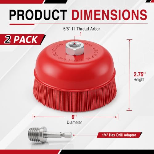 2 Pack 6'' Abrasive Filament Nylon Bristle Cup Brush, with 1/4" Hex Drill Shank Arbor, 5/8" 11 Thread, Angle Grinder Nylon Wire Brush for Rust Removal Polishing Corrosion Surface Prep