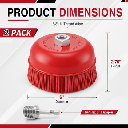 2 Pack 6'' Abrasive Filament Nylon Bristle Cup Brush, with 1/4" Hex Drill Shank Arbor, 5/8" 11 Thread, Angle Grinder Nylon Wire Brush for Rust Removal Polishing Corrosion Surface Prep