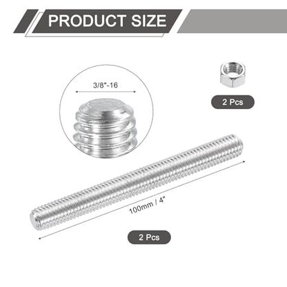 uxcell 3/8"-16 Fully All Threaded Rod, 2 Pcs 304 Stainless Steel Long Threaded Screw 4" Length Right Hand Threads for Furniture Mounting Assembly Fastening - size: 4"