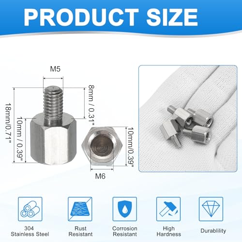PATIKIL Standoff Screws, 4pcs M5x8mm Male to M6x10mm Female 304 Stainless Steel Thread Reducing Hex Standoff Spacer Screw Nuts Thread Adapters Reducer for PCB Motherboard - size: M5x8mm Male to M6x10mm Female