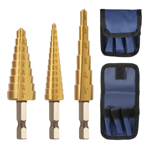 Step Drill Bit Set, 3PCS HSS Titanium Coated High Speed Steel Step Bits Covering 28 Sizes (1/8"-3/4") for Wood, Plastic, Sheet Metal with Portable Bag, Nice Gift for DIY Lovers - style: 3PCS Step Drill Bits Straight