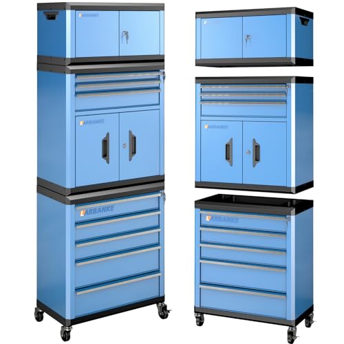 LARBANKE 8 Drawer Rolling Tool Chest with Locks&360° Wheels,Tool Cabinet with Multifunctional Countertop,Tool Chest with Connection Rods,Can Be Used as 3 Individual Units or Combine a Large One - color: Blue, size: 8 drawer and 2 double-door tool chest