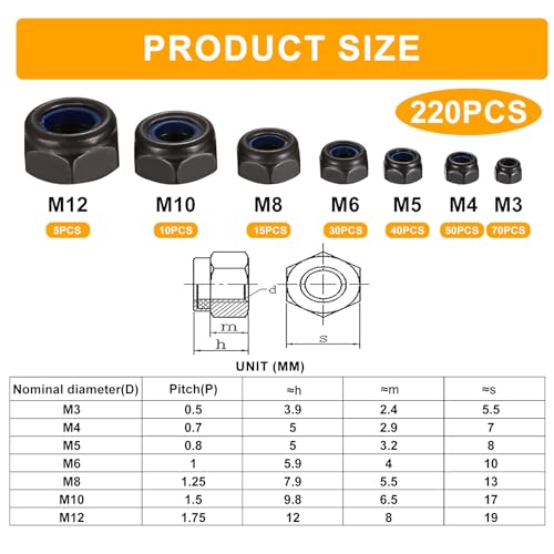 Nylon Insert Lock Nuts, 220pcs Hex Self-Locking Nuts, Carbon Steel Black Locknuts, Hex Drive, M3 M4 M5 M6 M8 M10 M12 - color: Black, size: Assorted (M3–M12)
