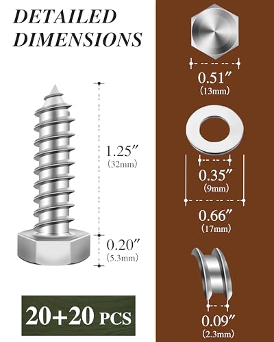 (2Box) 5/16" x 1-1/4" Hex Head Lag Screws Bolts with Flat Washers, 40Sets 304 Stainless Steel 18-8 Heavy Duty 5/16 Lag Bolts for Wood with Hex Socket - size: 5/16" x 1-1/4", style: 2-Box