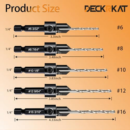 DECKRKAT 12-Piece Countersink Drill Bit Set - 3-in-1 Wood Counterbore Kit for #6#8#10#12#16 Screws | 82° Chamfer, Depth Adjustable | 5 Spare Bits,2 Limit Rings,Hex Key,Case. - size: 12 Pack Countersink Drill Bits