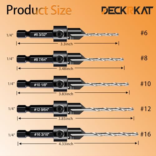 DECKRKAT 12-Piece Countersink Drill Bit Set - 3-in-1 Wood Counterbore Kit for #6#8#10#12#16 Screws | 82° Chamfer, Depth Adjustable | 5 Spare Bits,2 Limit Rings,Hex Key,Case. - size: 12 Pack Countersink Drill Bits