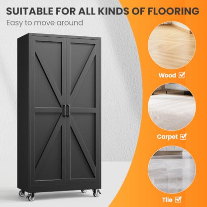 75" Tall Wheeled Garage Storage Cabinet, Rolling Metal Tool Cabinets. - color: Black, size: 75"H x 32"W x 16"D-A