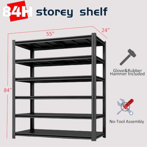 6-Tier Heavy Duty Garage Shelving, 6,000 lbs Capacity Adjustable Metal Storage Shelving Unit for Garage, Basement, Warehouse & Workshop, 55" W x 24" D x 84" H - size: 6T 55" W x 24" D x 84" H