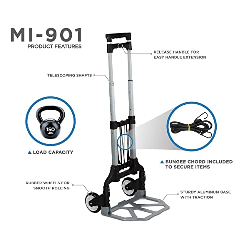 Mount-It! Folding Hand Truck and Personal Dolly, Foldable Aluminum Trolley Cart, 165 Lb Capacity Heavy Duty Dolly with Wheels of Rubber for Moving, Comfortable Telescoping Handle for Indoor Outdoor - size: 165 Lb Capacity