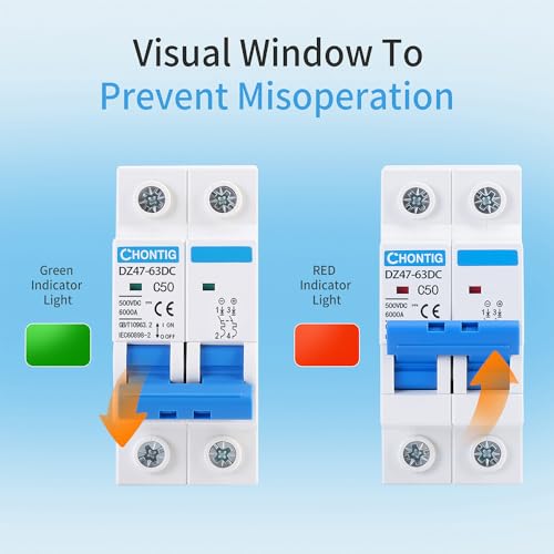 50 Amp Miniature DC Circuit Breaker 500V 2 Pole, Solar PV Disconnect Switch with Thermal Magnetic Trip, DIN Rail Mount Isolator C50