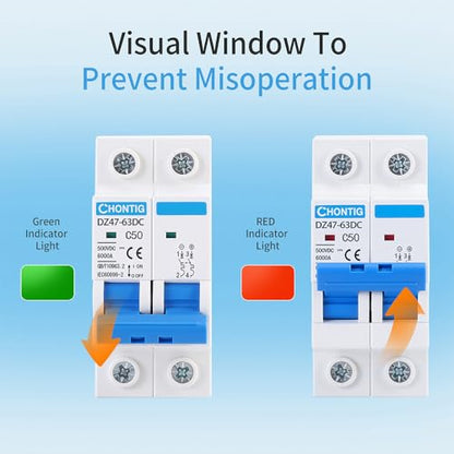 50 Amp Miniature DC Circuit Breaker 500V 2 Pole, Solar PV Disconnect Switch with Thermal Magnetic Trip, DIN Rail Mount Isolator C50