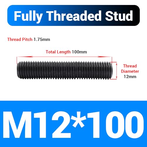 5pcs M12*100mm Fully Threaded Stud, Grade 10.9 Carbon Steel Black Oxide Finish Long Threaded Rod Bar for Furniture Industrial Maintenance Connection Fasteners - size: M12*100-5PCS