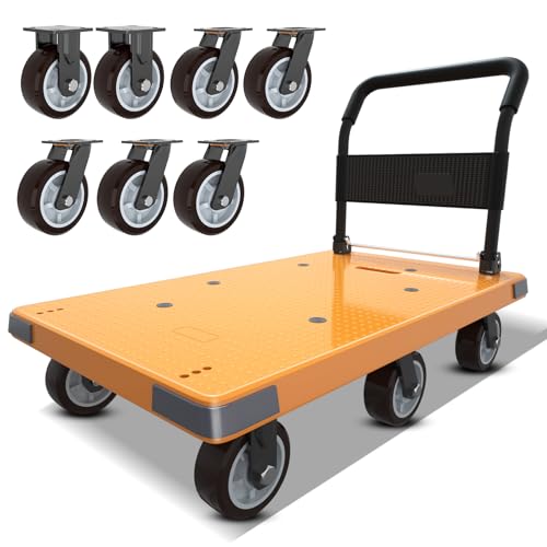 WUD Push Cart, Folding Mobile Platform Trolley,Thickened and Reinforced, 360° Swivel Wheels,47.2 “L x 27.5 ”W, 1764 lb. Yellow Dolly cart with Wheels - color: Yellow, size: Extra Large