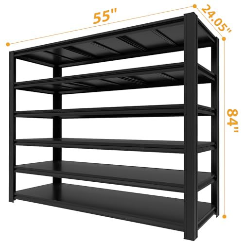 Heavy Duty Garage Shelving, 6 Tier Metal Adjustable Storage Shelves, 6000 Lbs Capacity, 84" H*55" W*24.05" D, Utility Organizer for Basement, Pantry, Kitchen, Warehouse, Black - size: 6T 84H*55W*24.05D
