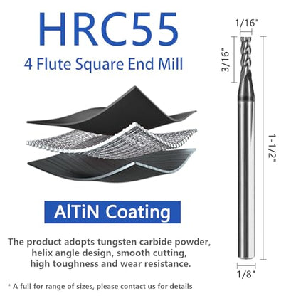 5pcs 1/16" Carbide Square End Mill Bits Set for Alloy Stees/Hardened Steels,Hrc55 Micro Grain Carbide Milling Cutter 4Flute CNC Router Bits with AlTiN Coating - size: 1/16 in